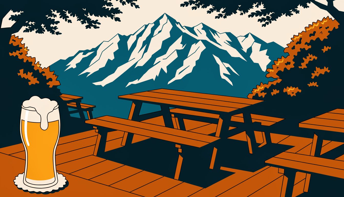 Illustrierter Biergarten der Waldklause mit frisch gezapftem Weißbier und Blick auf die verschneiten Berge