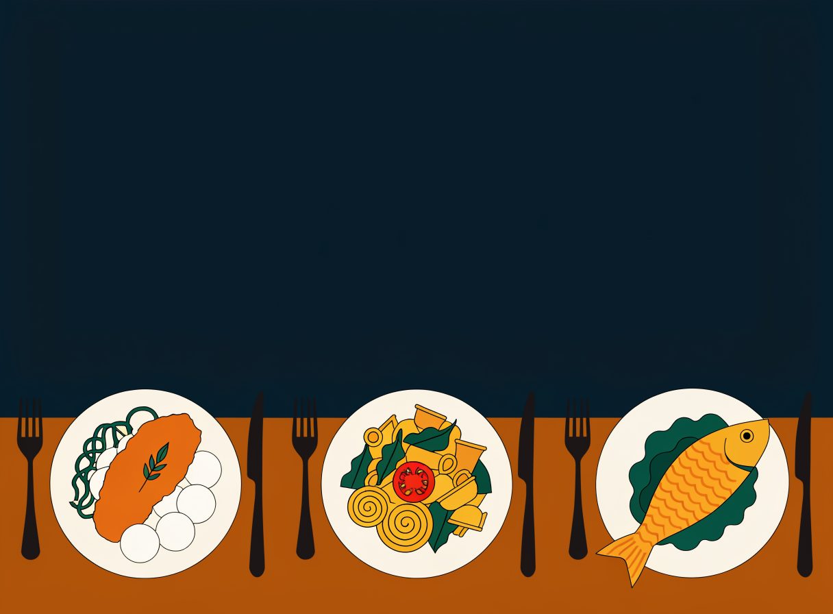Drei Gerichte nebeneinander angerichtet: bayerisches Schnitzel mit Knödeln, italienische Pasta mit Salat und kroatischer Fisch